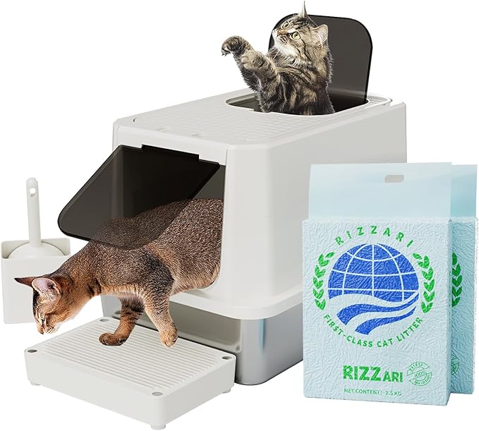 RIZZARI Stainless Steel Litter Box: 23.8" × 11.7" × 16.1" Beige Non-Stick Litter Pan with Cat Litter - Easy to Clean for Apartments - Multi-Cat Homes