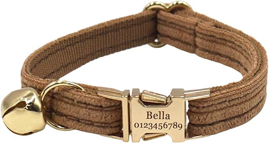 Cute Custom Cat Collar with Bells & Name Tag, Personalized Cat Collars for Girl & Boy Cats, Kitten Collar with Bell (Brown-Striped)