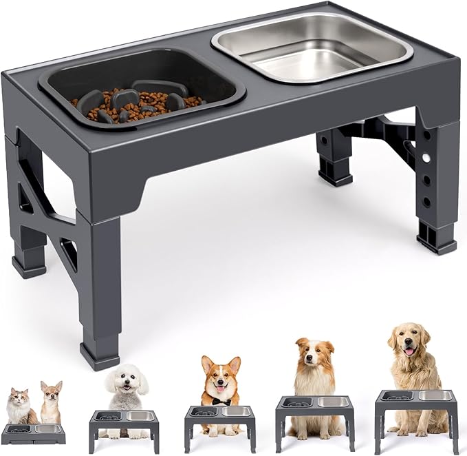 Heeyoo Elevated Dog Bowls, 5 Adjustable Heights Raised Pet Bowls, Adjusts to Height 3.2" to 12.2" for Small Medium Large Dogs