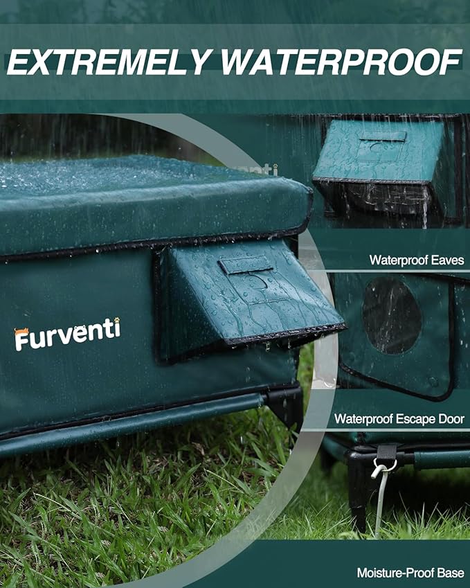 Heated Cat House for Outside,Dual Camera Mounts,100% Weatherproof & Extremely Insulated,Elevated Feral Cat Shelter with Escape Door,Waterproof Eaves for Outdoor Stray Barn Cat(Dark Green,L)