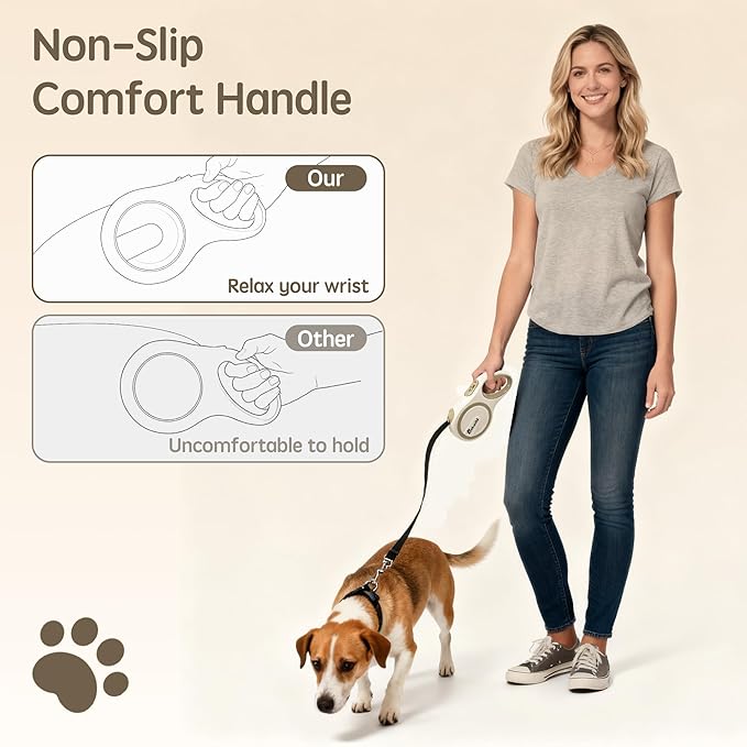 OUTnWILD Retractable Dog Leash, 16 ft Heavy Duty Dog Leash for Large Breeds/Pets Up to 110 lbs, 360° Tangle Free Design with One Touch Quick-Lock Braking System & Anti-Slip Handle. Khaki, L