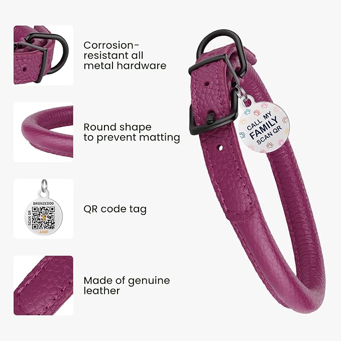 Rolled Leather Dog Collar Soft Round Collars, ID Tag for Small Medium Large Dogs (7-10 inch, Pink Berry)