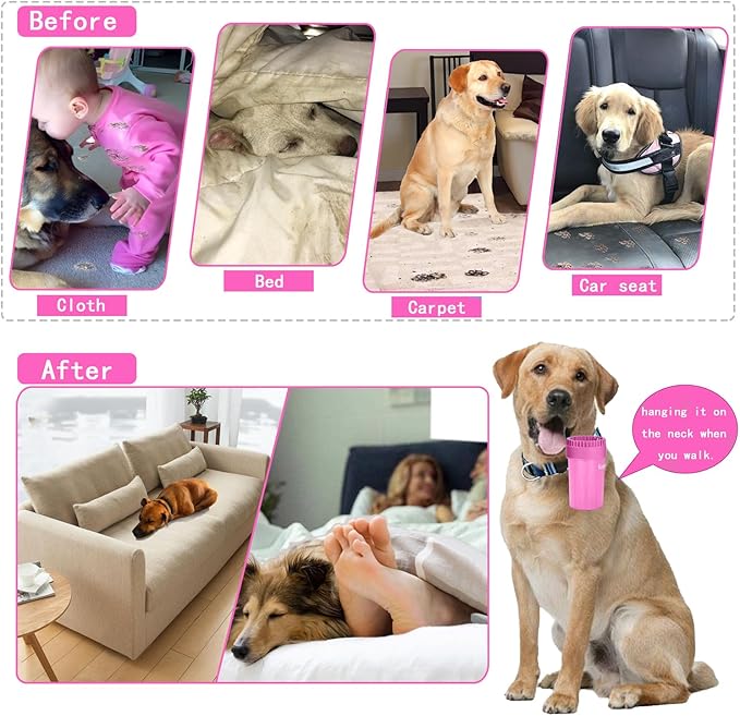 Dog Paw Cleaner for Meduim/Small Breed Dogs with 3Pcs Absorbent Towels & Graspable Dog Bath Brush (Pink, Medium)