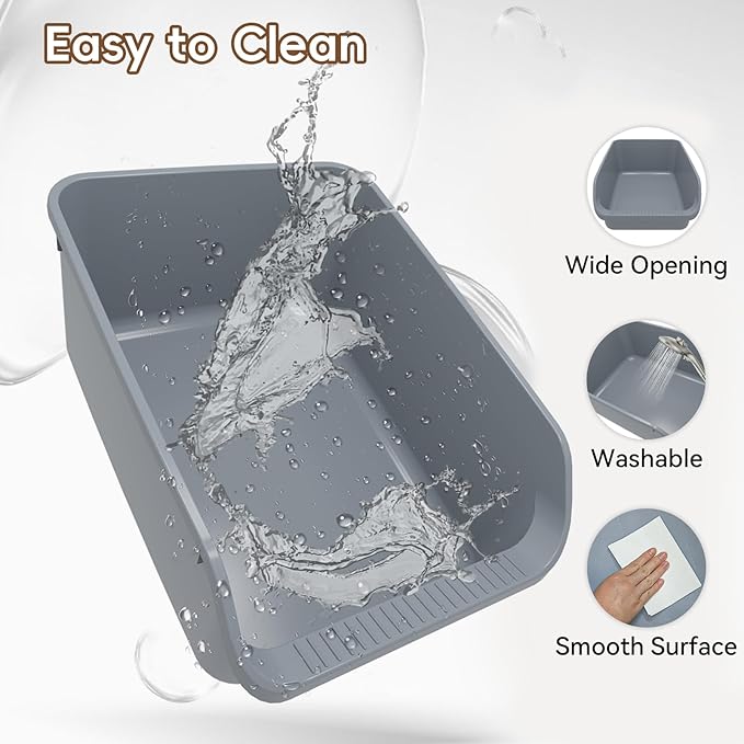 Large Cat Litter Box with High Sides,Durable Open Top Cat Litter Pan for Kitty,Plastic Indoor Big Cat Box with High Wall,Senior Cat Toilet with Low Entry,Easy to Clean,Anti-Splashing(Grey)