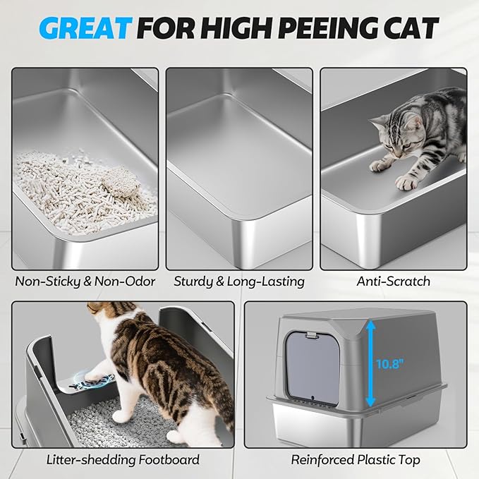 Enclosed Stainless Steel Cat Litter Box with Lid, XL Extra Large Litter Box for Big Cats, Metal Litter Pan High Sided, Never Absorbs Odors, Anti-Urine Leakage, Include Scoop (Light Grey)