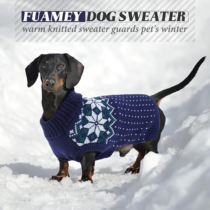 FUAMEY Dog Christamas Sweater, Warm Dog Sweater Classic Snowflake New Year Turtleneck Sweaters Knitwear Cold Weather Dogs Pullover for Small Medium Dogs Puppies & Cats Bulldogs Corgi with Leash Hole