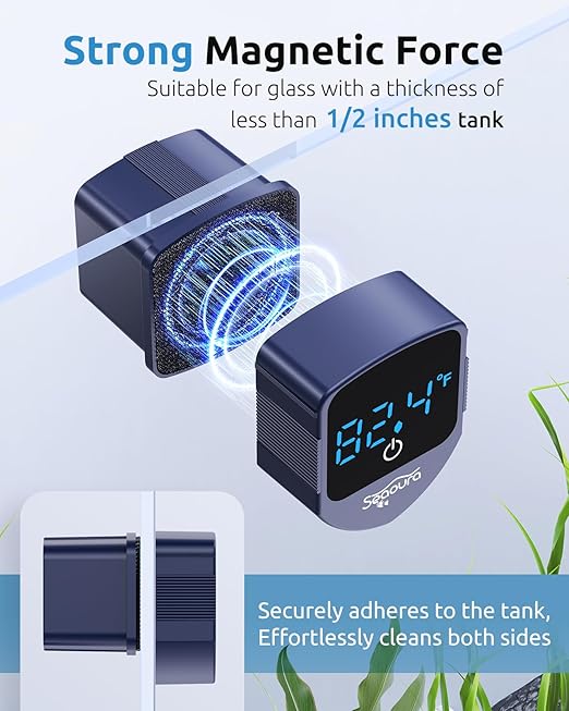 Aquarium Magnetic Cleaner with Thermometer, Fish Aquariums Mini Magnet Brush Only for Glass Tank,Tiny Magnets Clean Floating Cleaning ToolAlgae Scrapers(Blue)