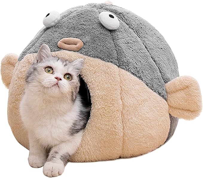 Cat Beds for Indoor Cats - Cat Bed Cave with Removable Washable Cushioned Pillow, Soft Plush Premium Cotton No Deformation Pet Bed, Lively Pufferfish cat House Design, Grey, Multiple Sizes