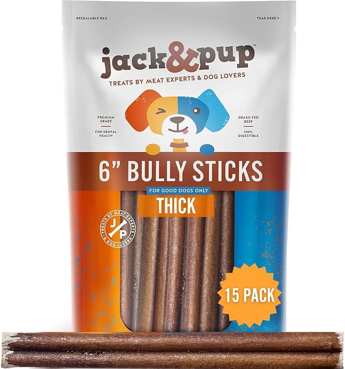 Jack&Pup 6 Inch Bully Sticks for Medium Dogs | Thick Odor Free Bully Sticks for Large Dogs | All Natural Beef Pizzle Sticks (Thick, 15 Pack)