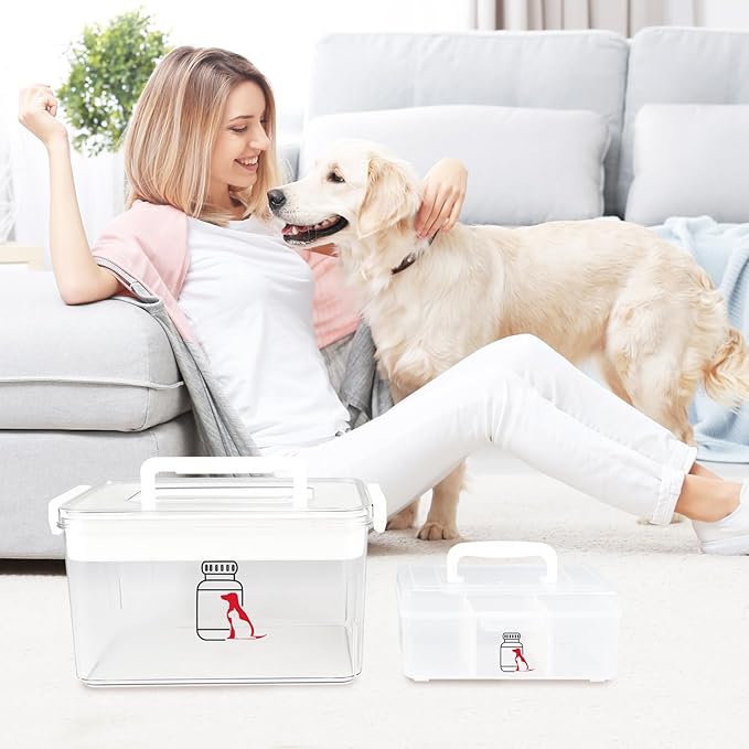 Set of 2 First Aid Kit box,Large Pet First Aid Kit Bin Empty,Portable Medicine Box for Dog Cat,Medic Organizer with Handle,Family Dog Travel Camping Emergency Tool Set