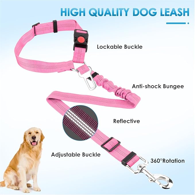 Lukovee Dog Seatbelt Leash for Cars, 2 Pack Pet Safety Seat Belt with Adjustable Buckle & Reflective Bungee, Connect Dog Harness in Vehicle Dogs Restraint Travel Daily Use (Pink)