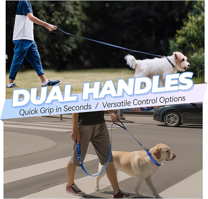 VIVAGLORY Twingrip Dog Leash, Double Handle Dog Leash for Training & Walking with Traffic Handle & 2 Loop, Traffic Control Reflective Heavy Duty for Puppy Pet, 5ft x 1in, Blue