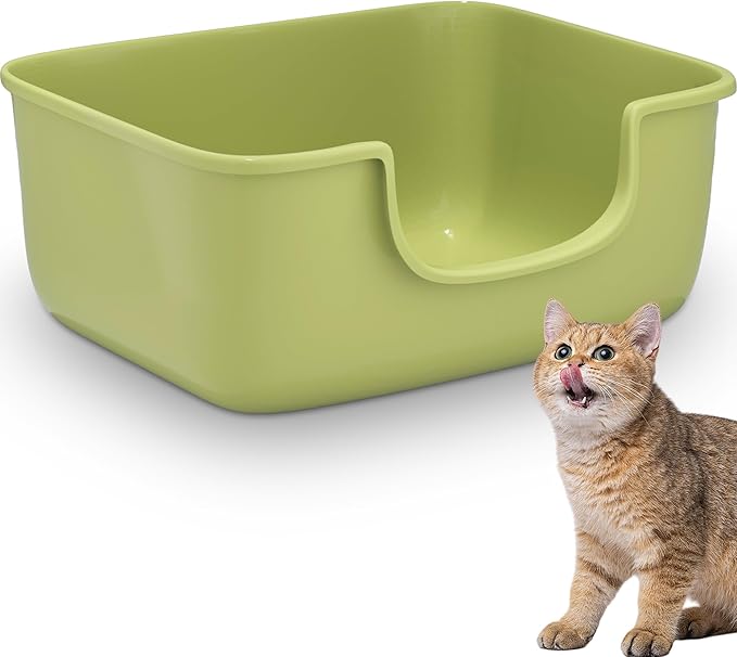 Large Cat Litter Box with High Sides, Open Kitty Litter Boxes Anti-Splashing for Indoor Cat Low Entry Cat Litter Pan for Small and Elderly Cats, Tool-Free Assembly(19.7” * 15.76” * 8.67” Green)