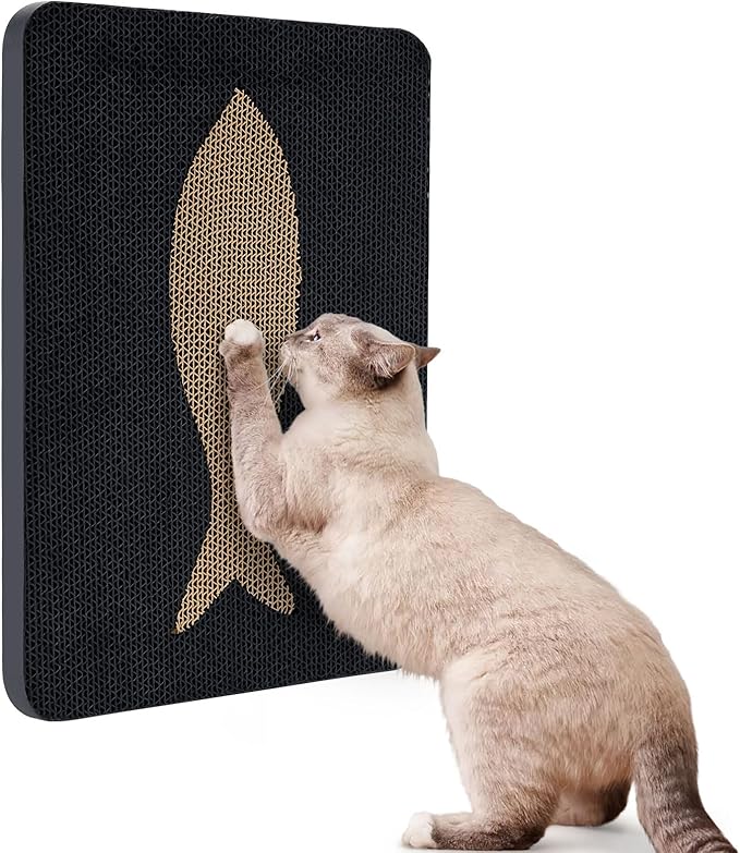 Ownpets Wall Cat Scratcher, Cute Vertical Cat Scratching Board, Wall Mounted Cat Scratch Pad for Wall, Glass, Wood, and Tile, Furniture Protector, Fish Print Black