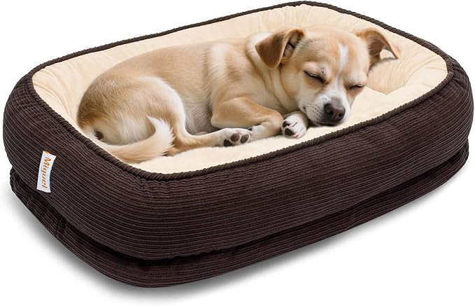 Orthopedic Dog Bed Small Washable, Egg Crate Foam Cat Bed for Senior Cat,Oval Kennel Bed, Pet Couch Bed with Four Sided Bolster, Removable Washable Cover Non-Slip Bottom, Brown