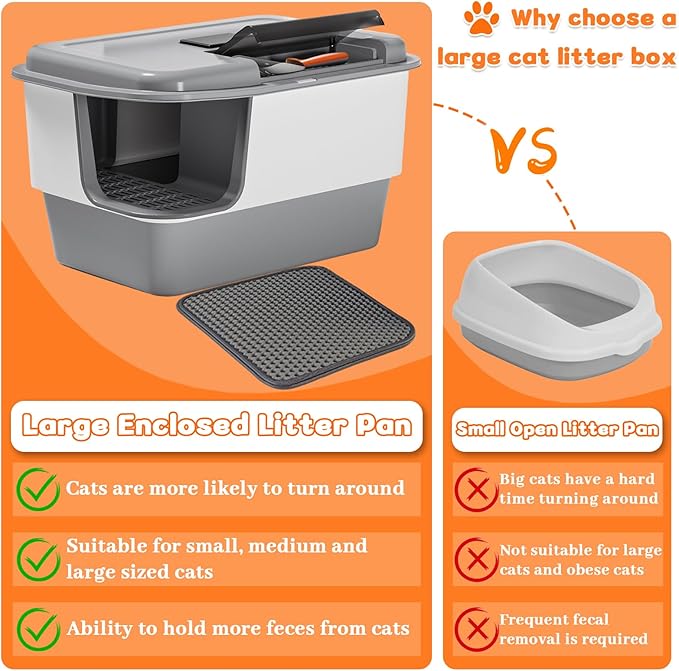 XXXL Litter Box with Lid, Extra Large 25.98" L*18.5" W*15.35" H Cat Litter Boxs, Jumbo Enclosed Removable Litter Box High Sides for Big Cats,with Cat Litter Scoop, Leak-Proof, Easy to Clean（Gray）