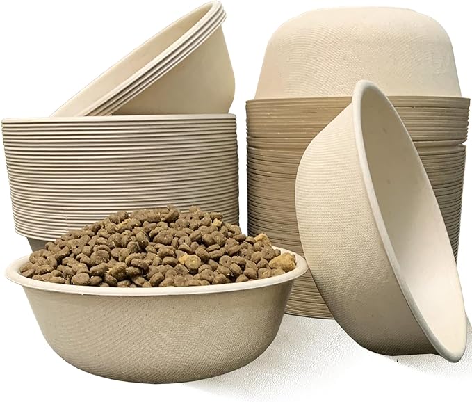 JETKONG 28 oz/3.5 Cup Disposable Dog Bowls 100pk, 100% Compostable Pets Feeding Bowls Paper Dog Travel Bowls Great for Dry and Wet Dog Food or Water (Natural, Pack of 100)
