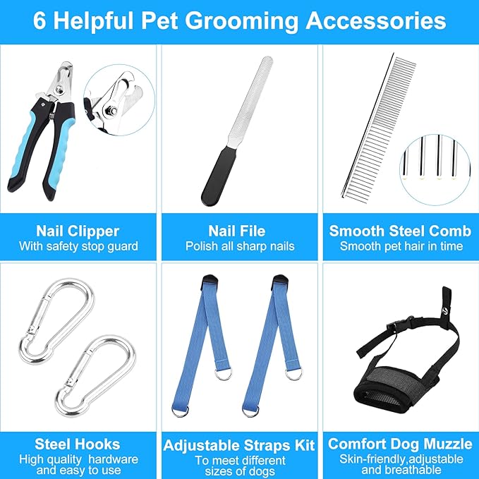 Dog Grooming Hammock, Pet Grooming Harness for Dogs&Cats, Multi Hammock Restraint Bag with Adjustable Grooming Loop/Stainless D-Hooks/Nail Clippers/Trimmer/Nail File for Pet Nail Trimming, Care (M)