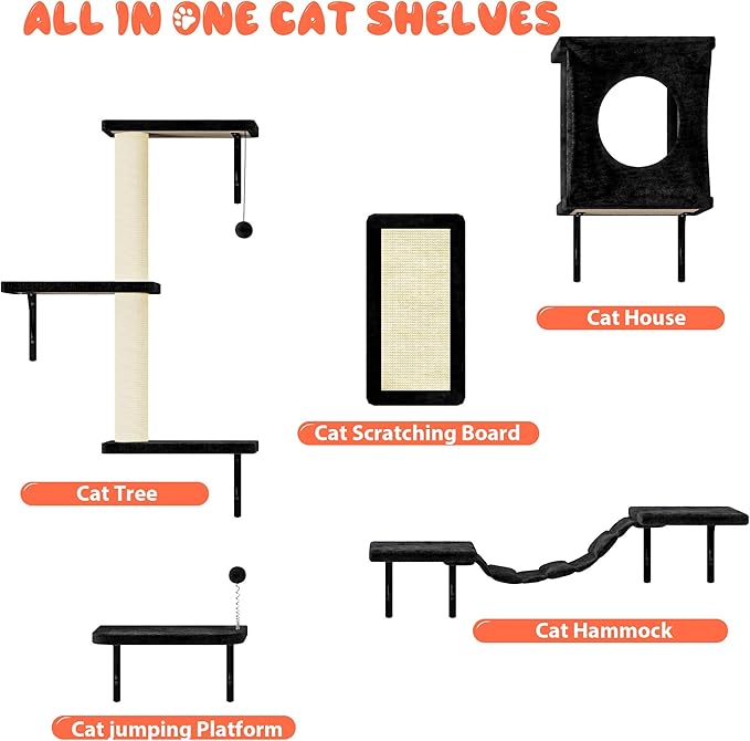 10-in-1 Cat Wall Shelves, Wall Mounted Cat Climber Set with Kitten House, Bridge, Steps, Scratcher, DIY Playground for Indoor Kitten Furniture Set, Black