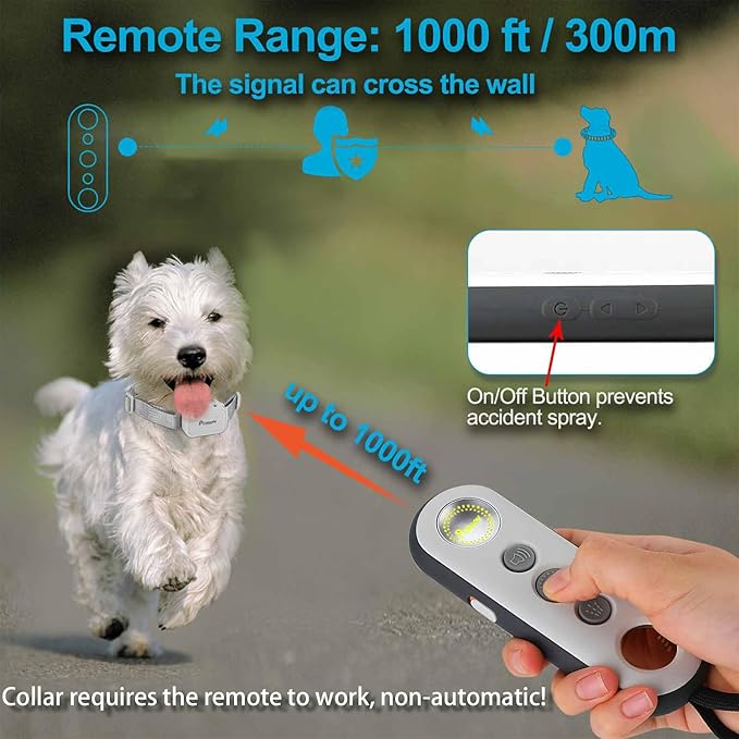 Citronella Dog Training Collar with Remote, Spray/Vibration/Beep, 3 Modes & 3 Spray Levels Humane Citronella Bark Collar, No Shock Rechargeable, 1000ft Range, Only Works with Remote