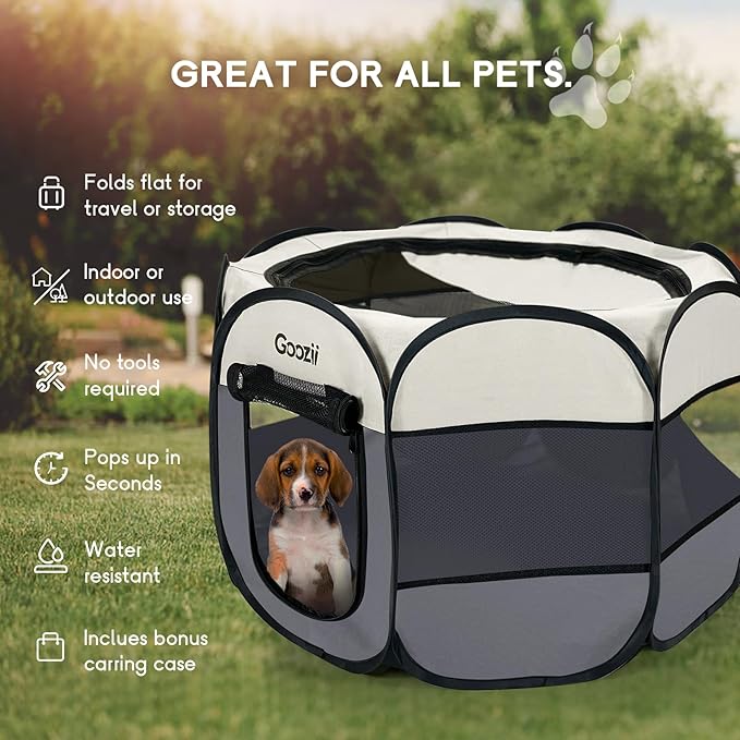 Pet Cat Playpen for Indoor Cats Enclosed, Puppy Dog Play Pen for Outdoor Travel Camping (Small Size, Beige & Dark Grey)