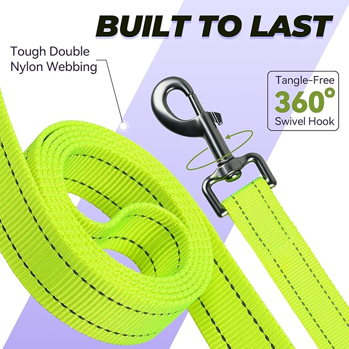VIVAGLORY Twingrip Dog Leash, Double Handle Dog Leash for Training & Walking with Traffic Handle & 2 Loop, Traffic Control Reflective Heavy Duty for Puppy Pet, 6ft x 1in, Bright Yellow