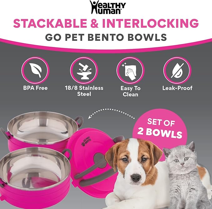 Healthy Human Travel Pet Bento Bowls - Human-Grade Stainless Steel & BPA-Free, Leak-Proof Water & Food Container Set for Dogs & Cats, 2-Pack Interlocking Bowls, Includes Spare Clips & Handle (Pink)
