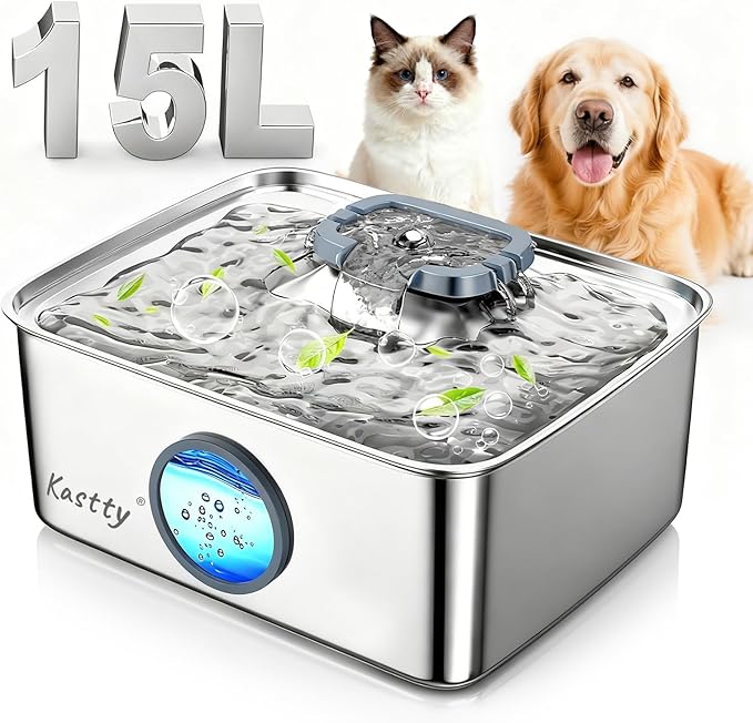 Kastty 15L/4 Gal Dog Water Fountain, Stainless Steel Large Pet Water Fountain with Water Level LED Light, Quiet Automatic Dog Water Bowl Dispenser for Dogs Inside Easy Cleaning FS79
