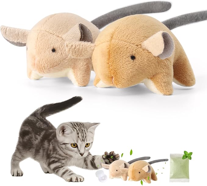 Plush Catnip Mice Toys with Rattle Sound - 2 Pcs Interactive Cat Toys for Indoor Cats, Durable Stress Relief Eco-Friendly Small Mouse Chew Playthings（with Catnip Bag）