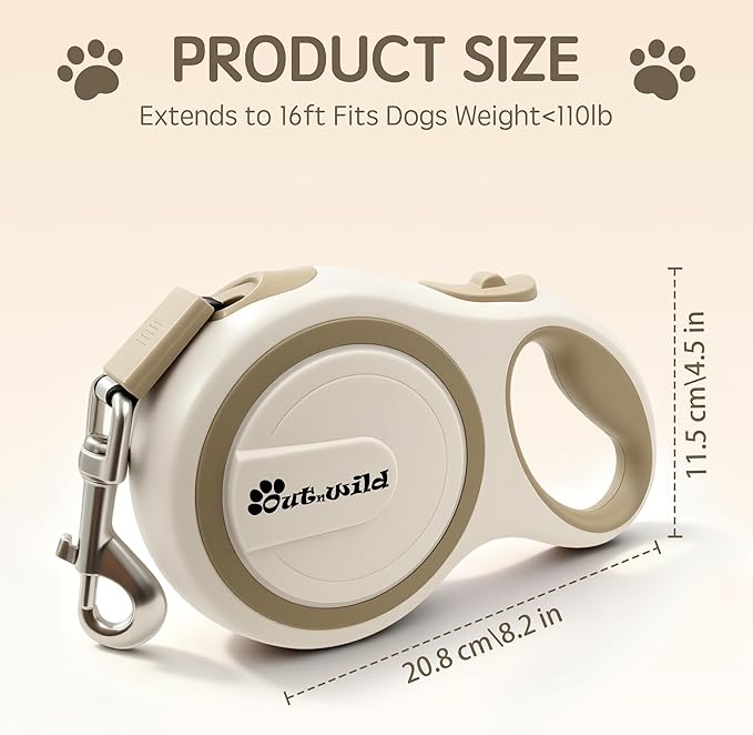 OUTnWILD Retractable Dog Leash, 16 ft Heavy Duty Dog Leash for Large Breeds/Pets Up to 110 lbs, 360° Tangle Free Design with One Touch Quick-Lock Braking System & Anti-Slip Handle. Khaki, L
