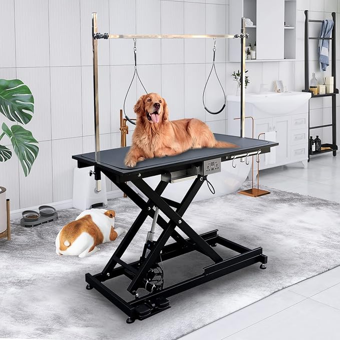 SoarFlash 49.6” Electric Lift Pet Dog Grooming Table,Heavy Duty Electric Grooming Table for Dogs&Cats,Heavy Duty Height Adjustable with Overhead Arm, Clamps, Two Grooming Noose