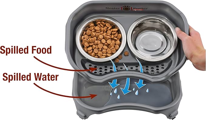 Neater Feeder Express Mess Proof Dog Bowls Elevated for Small Breed – Made in USA – No Spill Raised Slow Feeder Elevated Dog Bowl Stand, Stainless Steel Food and Water Bowl Set, Grey