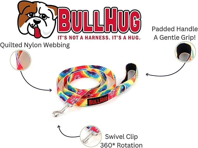 BULLHUG 6 FT Bulldog Leash with Padded Handle. Perfect for Bulldogs, French Bulldogs, Pugs & All Breeds. Leashes for Walking, Training Lead for Bulldogs (Rainbow TIE DYE)
