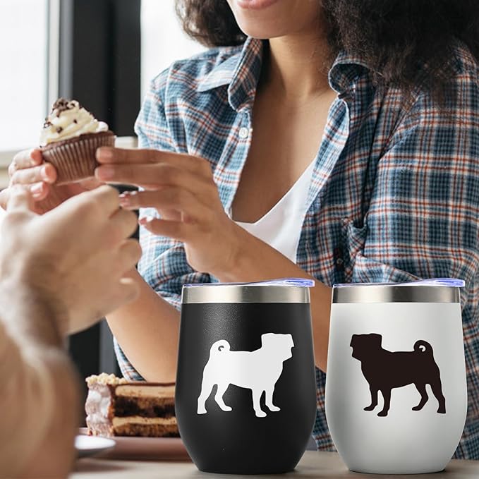 Lifecapido Pug Gifts for Pug Lovers, Pugs Silhouette 12oz Stainless Steel Wine Tumbler Set of 2, Birthday Christmas Gifts for Dog Lovers Dogs Parents Dogs Mom Dad, Black and White