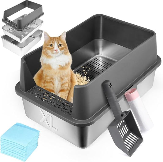 XL Stainless Steel Sifting Cat Litter Box with Lid, Sifting Litter Box for Pine Pellets, Metal Litter Pan with Scoop, Pad, Liners, High Sided Enclosure, Odor Control, Anti-Leakage