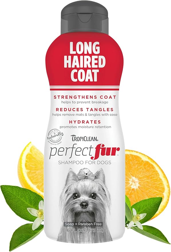 TropiClean Perfect Fur Detangling Dog Shampoo for Breeds with Long Fur, Natural Moisturizing Shampoo, Puppy Safe, For Yorkies and Shih Tzus, 16oz.