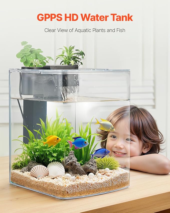 VEVOR Fish Tank Aquarium, 2 Gallon Arch Ultra-Clear GPPS Starter Smart Tank Adjustable 3 Color Lighting, Self Cleaning System Fishbowl for Freshwater & Saltwater Fish Home, Office, or Pet Use