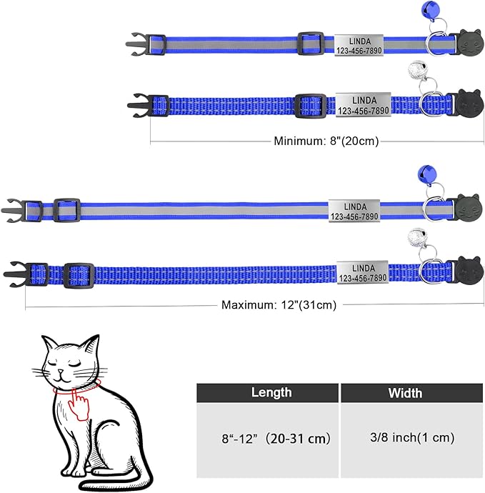 Cat Collar Personalized - Breakaway Reflective Cat Collar with Bell-Custom Cat Collars Engraved with Name and Phone, Adjustable for Cats and Kitten