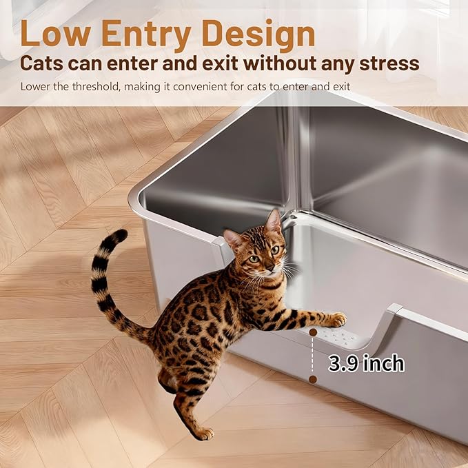 XL Stainless Steel Cat Litter Box, Leak Proof 7.9 Inch High Sides Metal Litter Pan Tray, No Stick No Slip Easy Clean Low Entry Litter Boxes for Older Senior Big Cats, Kittens, 23.6"×15.7", Silver