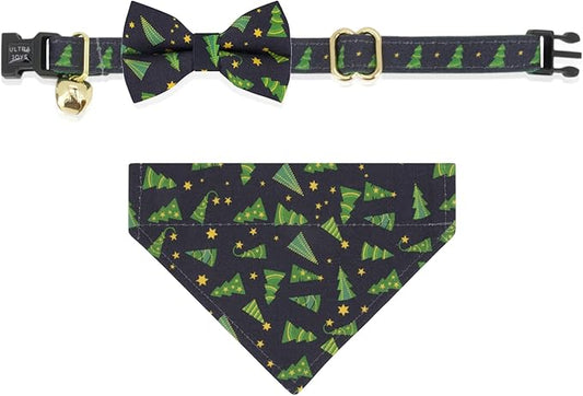 Ultra Joys Breakaway Cat Collar with Bells - Boy & Girl Kitten Collar with Bandana and Bowtie - Christmas Tree Large