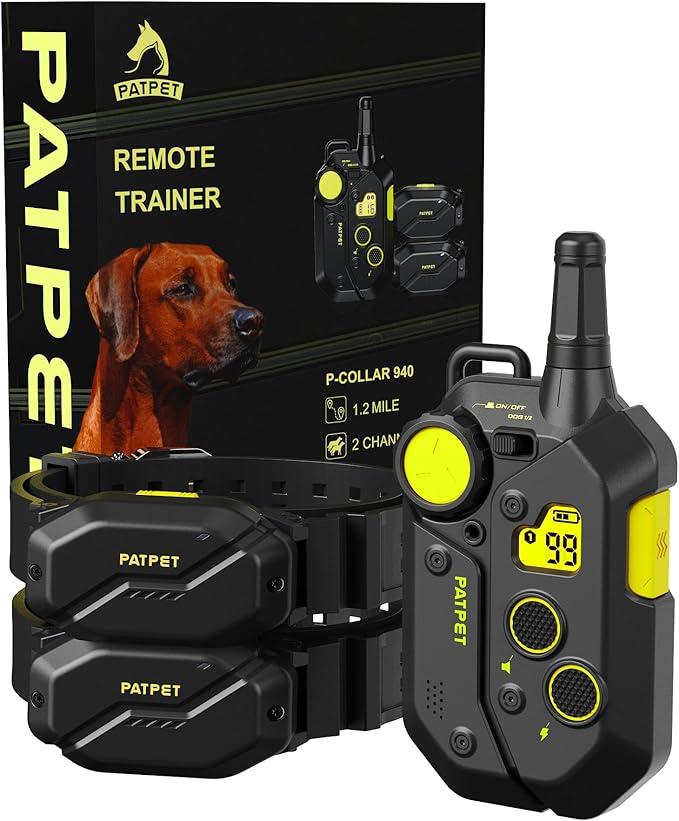 PATPET Dog Training Collar, 1.2 Mile Range 101 Training Levels Dog Shock Collar with Remote Control (15-150 lbs), Waterproof 100% Safe E Collar for Large Dogs (Black with Bright Green`, 2 receivers)