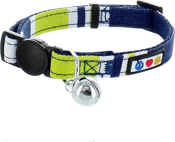 Pawtitas Pet Soft Adjustable Multicolor Cat Collar with Safety Buckle and Removable Bell Green / White / Blue