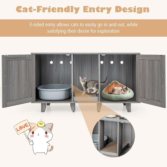 Tangkula Double Cat Litter Box Enclosure for 2 Cats, Large Stackable Hidden Privacy Cat Washroom Cabinet with Scratching Board, Indoor Cat House TV Stand, Litter Box Furniture (Grey Oak)