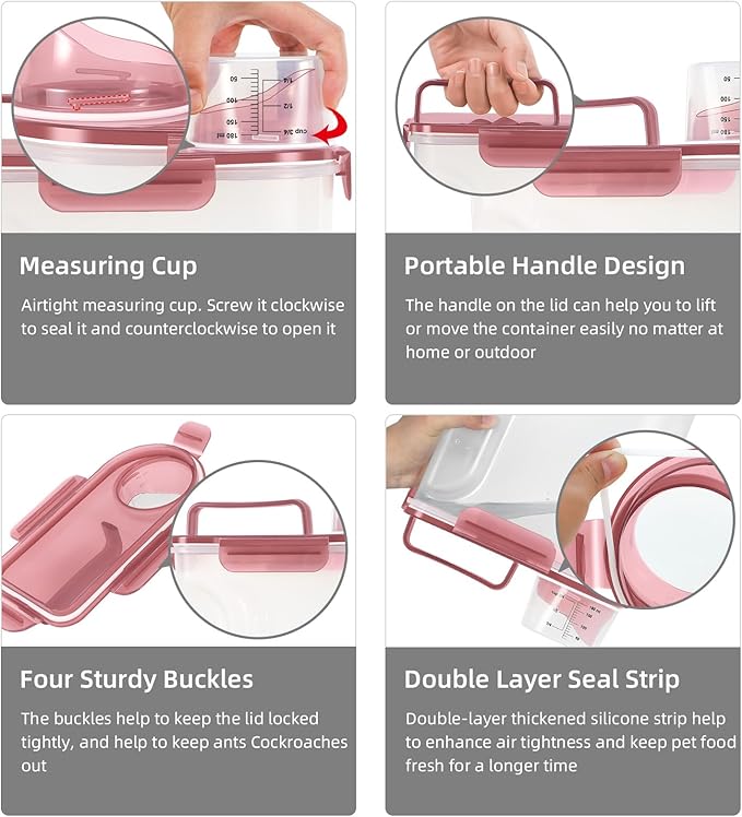 5-7Lbs Dog Cat Food Storage Container with Upgraded Large Nozzle BPA-free, 4 Snap Seals Plastic Pet Food Storage Containers with Handles (1, Clear Pink, 5L)