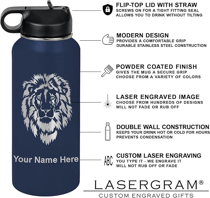 LaserGram Personalized Water Bottle, Cat with Butterfly, Stainless Steel Double Wall Vacuum Insulated with Flip Top Straw, Custom Engraved Gift (32oz / 950ml Navy Blue)