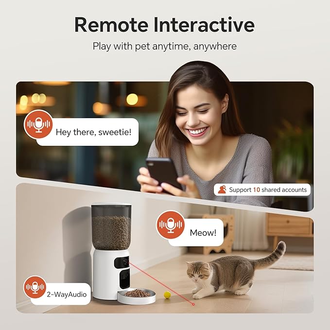 Automatic Cat Feeder with Dual 2K HD Camera, Smart Pet Food Dispenser for Timed Meals, APP Control Laser Interactive Toy Treat Feeders with 2.4G / 5G WiFi, White