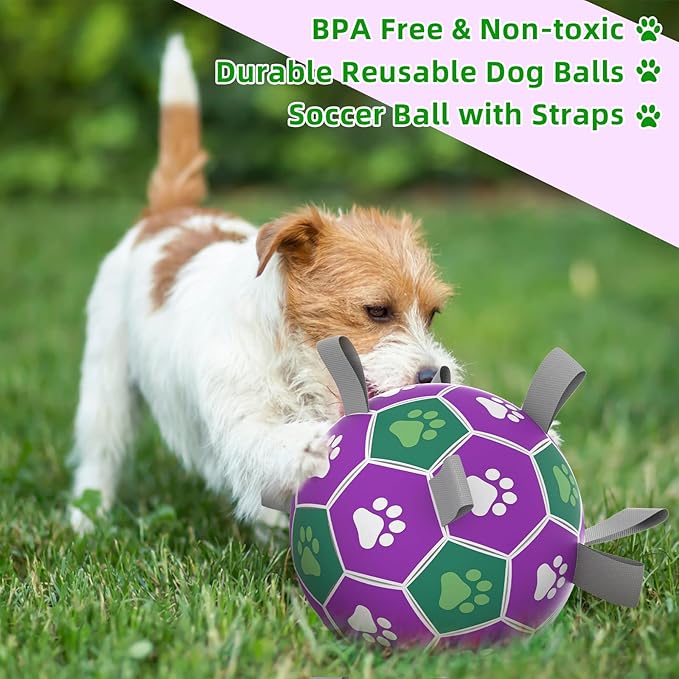 Dog Toys Soccer Ball with Nylon Strap, Puppy Birthday Gifts, Dog Outdoor Toys, Durable Fetch Ball Dogs Toy for Puppy Small Medium Breed (6 inch)