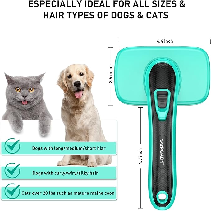 Self Cleaning Slicker Brush for Dogs and Cats - Skin Friendly Shedding & Grooming Tool for Long and Short Haired Pets,Easy Clean Retractable Bristles,Green