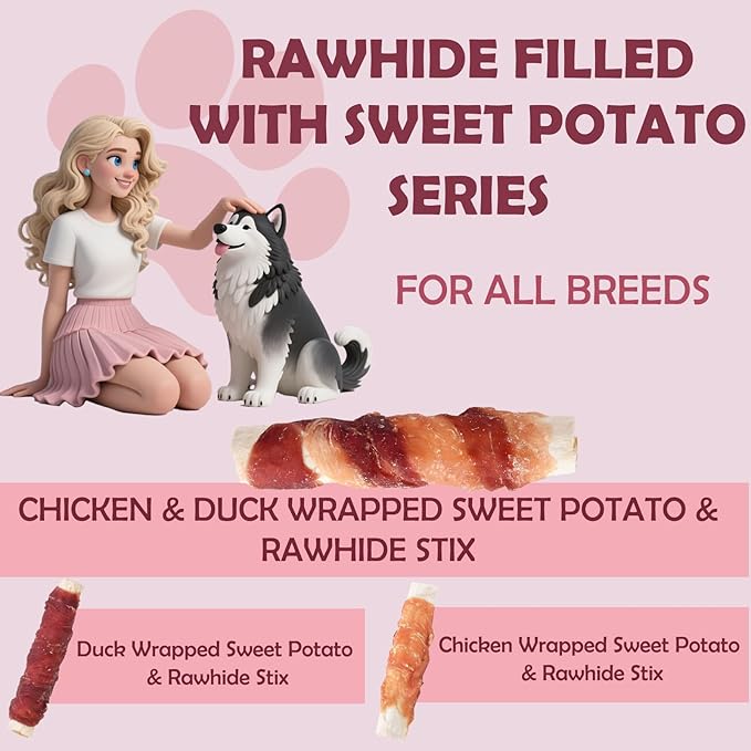 ASMPET Dog Treats Bones, Chicken Duck Wrapped Rawhide Sweet Potato Sticks for Small Medium Large Dogs