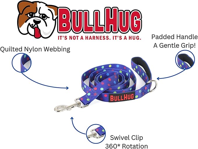 BULLHUG 6 FT Bulldog Leash with Padded Handle. Perfect for Bulldogs, French Bulldogs, Pugs & All Breeds. Leashes for Walking, Training Lead for Bulldogs (Polka Dots)